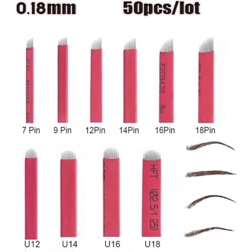 50pcs/lot 0.18mm CF/U Shapes pin microblading needles blades Lamina Agulha Sobrancelha Tebori Microblading red Pontas Flex brow