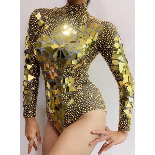 Shining Rhinestones Gold Mirror Bodysuit Sexy Nigthclub DJ Singer Nightclub Stage Costumes Gogo Dance Team Leotard Rave Clothes