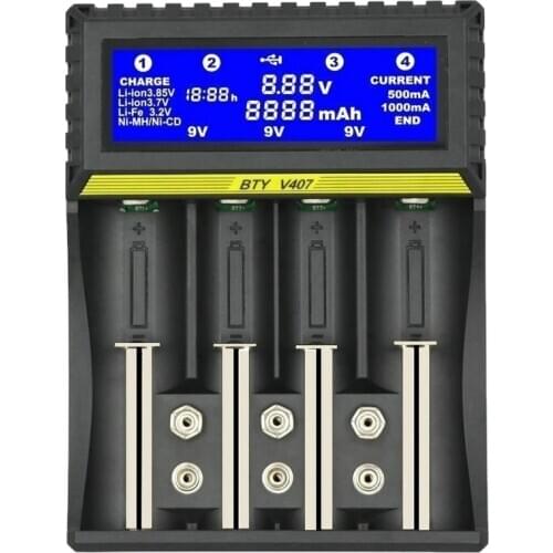 BTY-V407 Battery Charger Li-ion Li-fe Ni-MH Ni-CD Smart Fast Charger for 18650 26650 6F22 9V AA AAA 16340 14500 Battery Charger