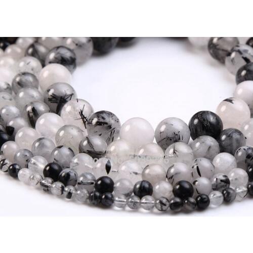 Wholesale Black Rutilated Crystal Beads Natural Stone Round Loose Beads 4/6/8/10/12mm for Jewelry Making DIY Bracelet Necklace