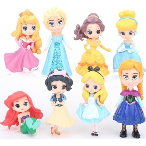 Disney Q Posket 8pcs/Lot 5-9cm Princess Toys Frozen Elsa Anna Pvc Action Figures Snow White Merida Dolls Toys For Girls Gift