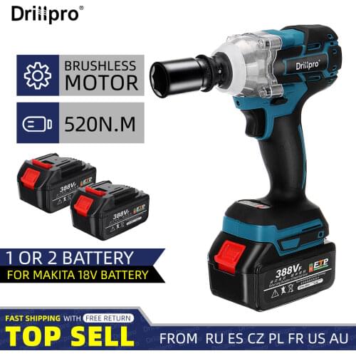 Drillpro 388VF Brushless Cordless Electric Impact Wrench Power Tools 15000Amh Battery +Sleeve Adapt to Makita 18V battery