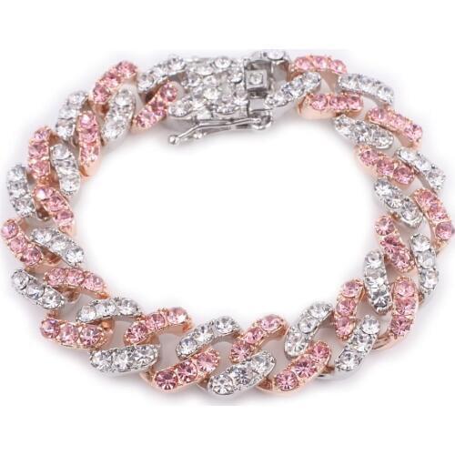 12mm Miami curb link cuban hiphop chain iced out bling bracelets bubble crystal stone mens women rap rock dancer singer punk cz