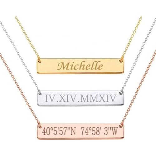 Customized Personality Engraved Coordinate Name Date Stainless Steel Mantra Chain Bar Necklace Pendant Men Women Gifts