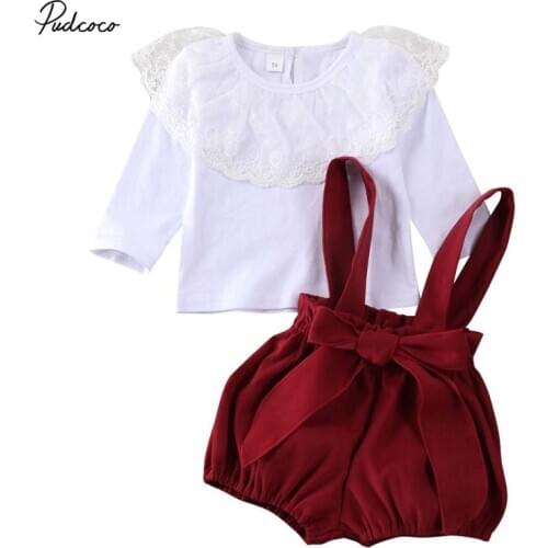 2020 Princess Infant 2Pcs Newborn Baby Girls Yarn Lotus Leaf Lace Blouse Tops+Big Bow Strap Shorts Overalls Spring Clothes 0-24M