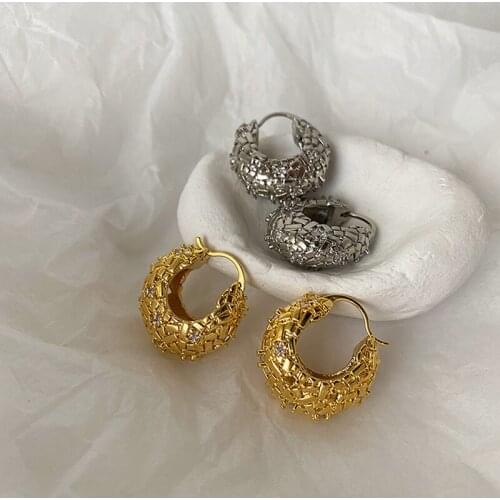 SRCOI Creative Gold Color Lattice Crossed Pattern Medium Basket Dangle Hoops Women Stereoscopic Metal Geometric Popular Earrings