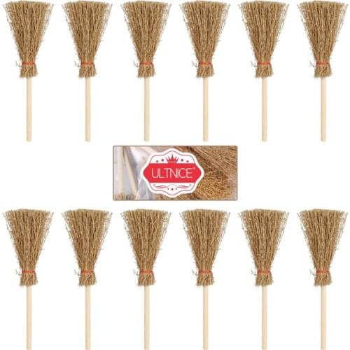 ULTNICE 12pcs Mini Broom Costume Hangings Decorations Toys with Red Rope Straw Broom Wizard Accessory for Halloween Party