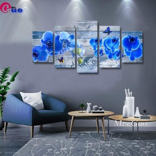 5D Diamond Embroidered Blue Flower Orchid Multi-Picture Handmade Gift Diamond Painting Full Square/Round 5 Piece Abstract Floral