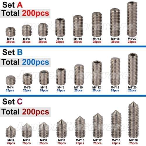 200pcs M4(4mm) A2 Stainless Steel Socket Cup Flat Cone Point Grub Set Screws Assortment