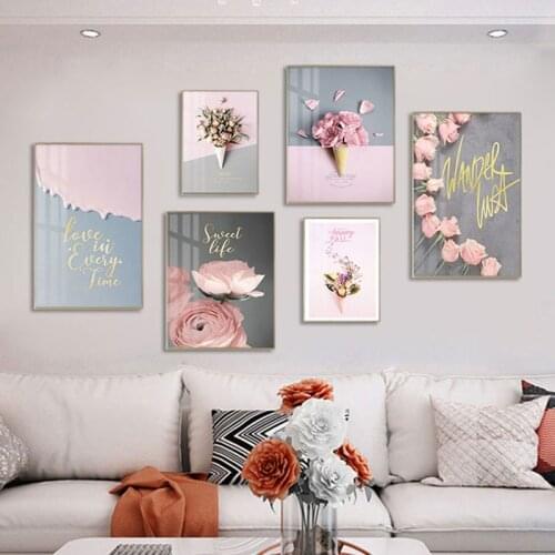 Nordic Style Wall Art Canvas Print Painting Modern Pink Decorative Posters for Living Room Bedroom Flowers Home Decor Pictures
