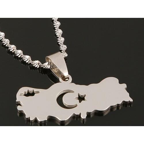 Stainless Steel Turkey Map Flag Pendant Necklace for Women Men Fashion Turkey Map Star Jewelry