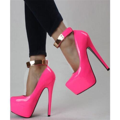 FGHGFFree Post new beautiful pink patent leather, gold sequined, buckle,16 cm high-heeled shoes. Size: 35-43