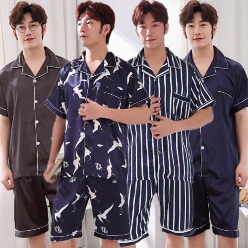New Mens Stain Silk Pajama Set Men Pajamas Silk Sleepwear Men Modern Style Soft Satin Nightwear Men Summer Homewear Pijamas