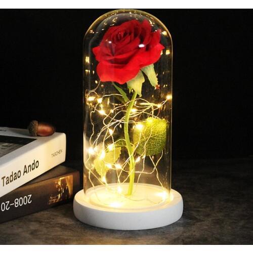 HOT Multi Colour Beauty And The Beast Red Rose In A Glass Dome On A Wooden Base For Valentines Gifts LED Rose Lamps Christmas