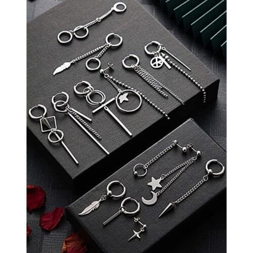 24Pcs Korean Huggie Hoop Earring Stainless Steel Dangle Hinged Feather Drop Earrings Long Chain Pendant Earrings Jewelry