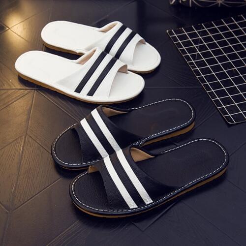 Cowhide Leather Slippers Female and Male Summer Indoor Sandals Couples Home with Non-slip Soft Black and White Stripes