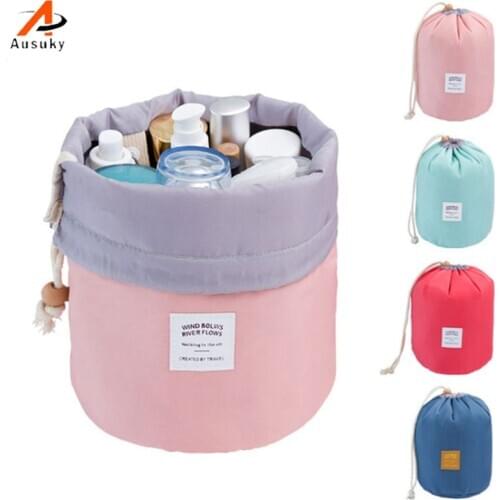 New Beautician Barrel Shaped Travel Cosmetic Bag Nylon High Capacity Drawstring Drum Wash Bags Makeup Organizer Storage