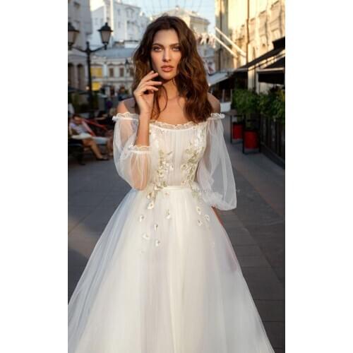 Off Shoulder Embroidery Wedding Dresses 2021 Flowers 3/4 Puffy Sheer Sleeves Wedding Bridal Gowns vestido de noiva