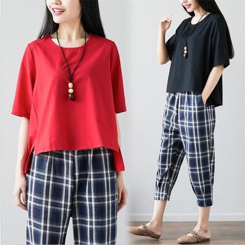 Thin Cotton And Linen Front Short Behind Long Women Shirt Half Sleeves O-Neck Comfortable Shirt Plus Size Women Tops M-7XL