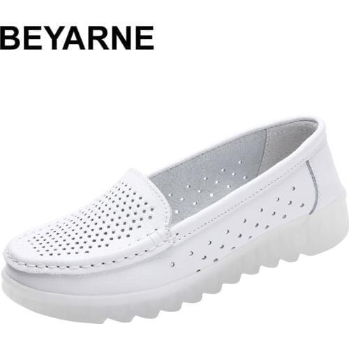 BEYARNE recessed white summer shoes for women nurses genuine leather wedge flat shoes with round toe breathable for ladies shoes