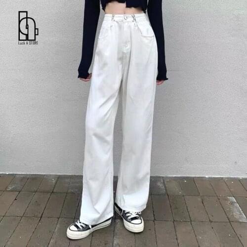 Luck A High Street Fashion Women White Jeans Pants Straight Loose Denim Jeans Harajuku Summer Casual Pant Female Streetwear