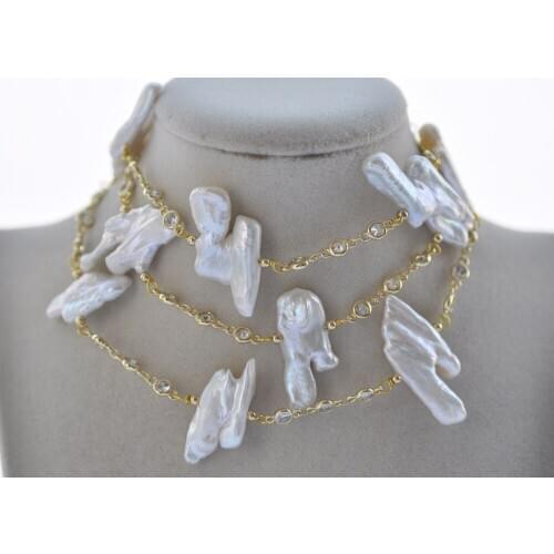 Z11071 36" 34mm White Baroque Dens Pearl CZ Chain Necklace