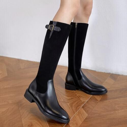 New style Knee-high boots Genuine leather Women boots Motorcycle boots warm Female boots winter Women shoes 100% cowhide