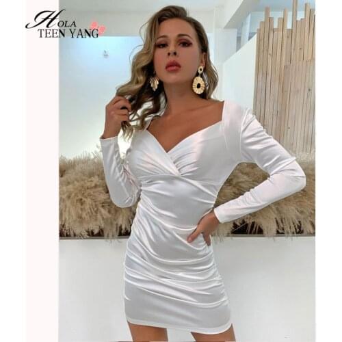 Hot Solid Color Ruched Dress Women Sexy Heart Neck Bodycon Fold Dresses Long Sleeves Backless Mini Dress Autumn Winter Clothing