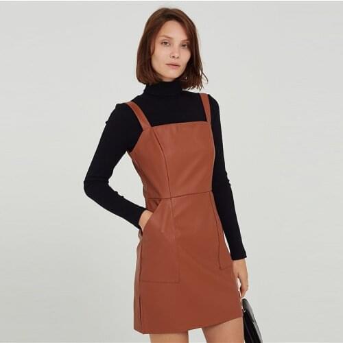 Dresses For Women 2021 Autumn Office Lady Sling Dress Hot Pu Faux Leather Elegant Fashion Slim Sleeveless Solid Pockets