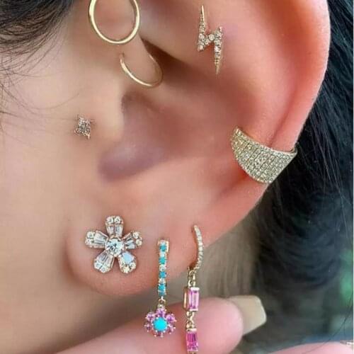 2021 Korean Fashion Classic mini flower Charm hoop Earring with turquoises zircon paved for cute girl Women Wedding Jewelry gift