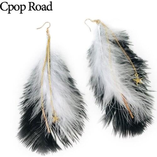 Cpop New Boho Big Long Feather Earrings for Women Star Chain Tassel Statement Earrings Fashion Jewelry Women Accessories Gifts