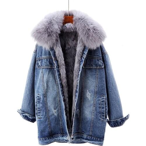 Long Fur Denim Women Jackets Winter New Turn-Down Collar Thicken Warm Wool Liner Pocket Loose Female Outwear Coats Tops