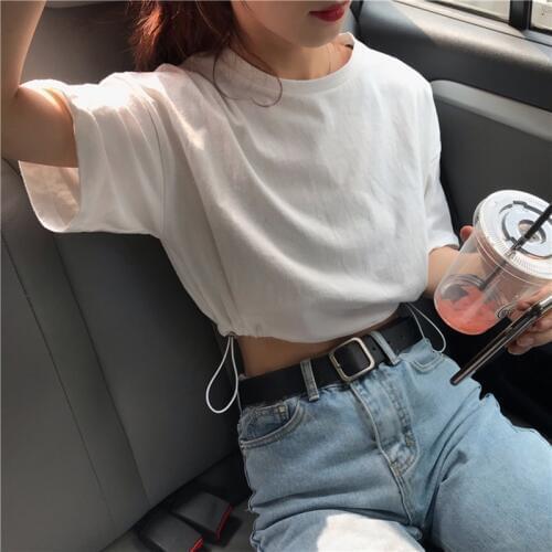 Harajuku T shirt Women Summer Cotton Drawstring Hem Tshirt Streetwear 2019 Fashion Ladies Short Sleeve korean Style Crop Top
