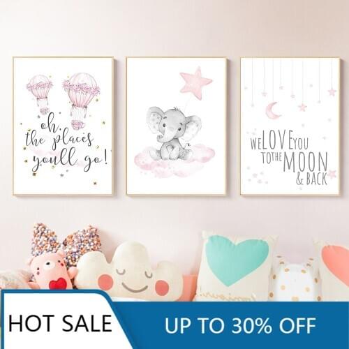 Canvas Painting Pink Star Moon Elephant Art Poster Rainbow Print Nursery Wall Art Posters Nordic Picture Girl Baby Room Decor