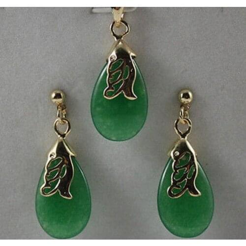 Free Shipping green jade drop Pendant Necklace Earring womens jewelry set Fashion Wedding Party Jewellery