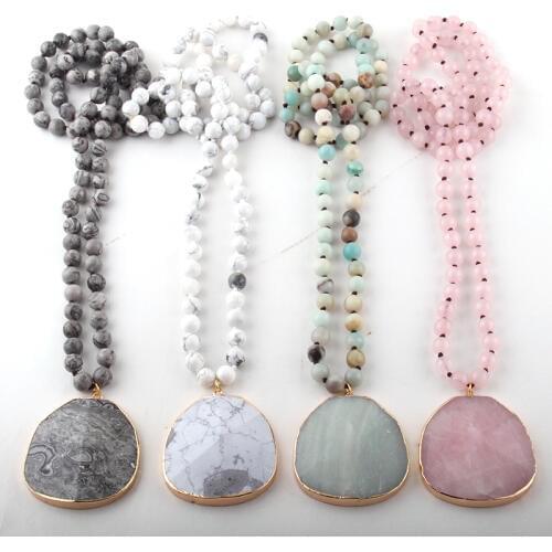 Fashion Natural Stone long Knotted Necklaces Facet Stone Drop Pendant Women Ethnic Necklace