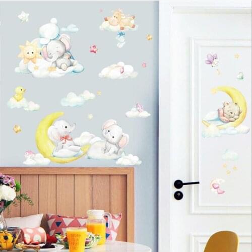 Cartoon Moon Elephant Bear Wall Sticker Sleeping Baby Nursery Room Bedroom Background Decorative DIY Wallpaper