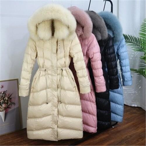 White Duck Down Coat 2020 Long Over-The-Knee Korean Womens Fashion Plus Size Slim Real Fox Fur Double Fur Collar Down Jacket983