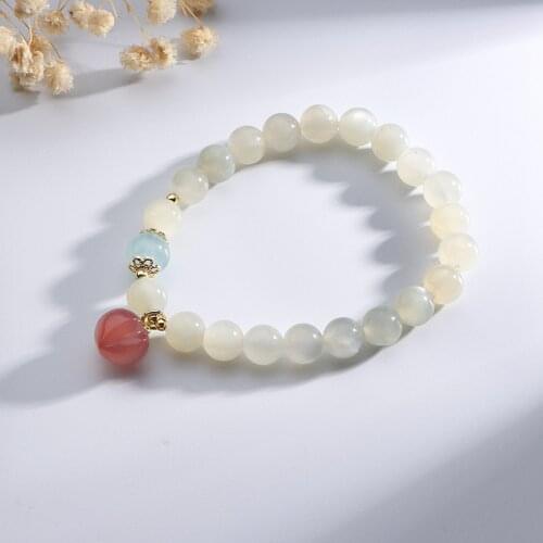 Peach Agate Pendant Natural Crystal White Moonstones Aquamarine Beads Beaded Strand Bracelets for Women Fine Jewelry YBR520