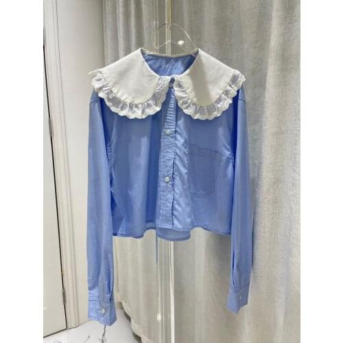 Early autumn new womens Embroidered Baby collar fresh yarn dyed Plaid Shirt fresh and good-looking