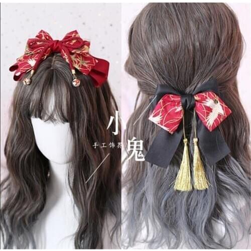 Retro Kimono Bathrobe Black red Bow Headwear Accessories Lolita Cosplay Tassels Bowknot Side Clip Hairpin Hair hoop B457