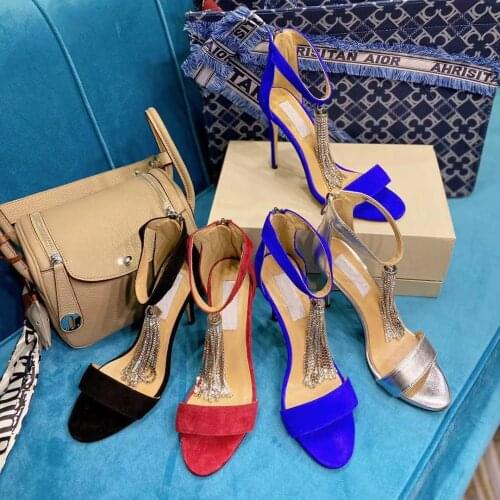 Sexy High Heels Sandals Women Party Shoes Diamond Tussel Shoes Genuine Leather New Ins Luxury Design Brand Dress Shoes for Women