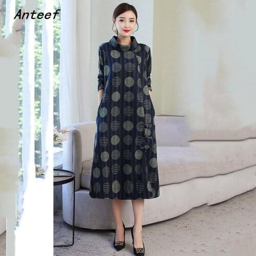Long sleeve cotton wool vintage Polka Dot dresses for women casual loose spring autumn winter dress elegant clothing 2021