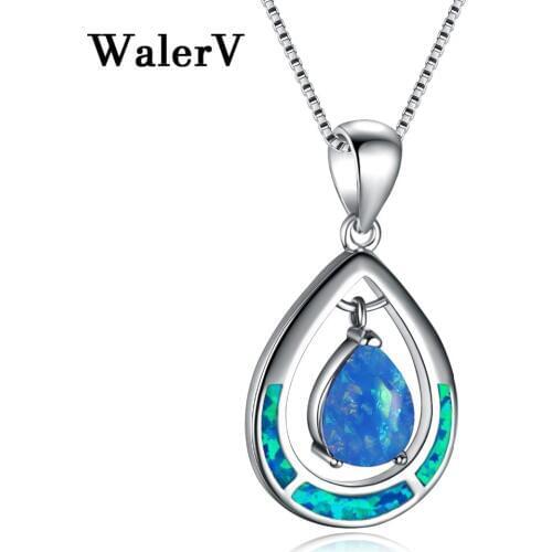 WalerV New for Women Set Fashion Unique Blue Imitation Five Opal Water Drop Pendant Necklace Wedding Jewelry Charm Gift