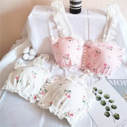 Japanese floral cotton bra set retro button tube top style girl underwear sexy and cute Republican style lingerie panties suit