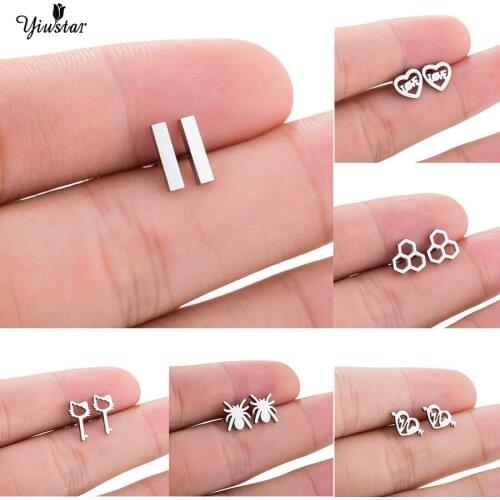 Yiustar Stainless Steel Female Jewelry Earrings Square Bow-knot Hollow Cat Love Heart Mini Spider Earring Classmate Party Gifts