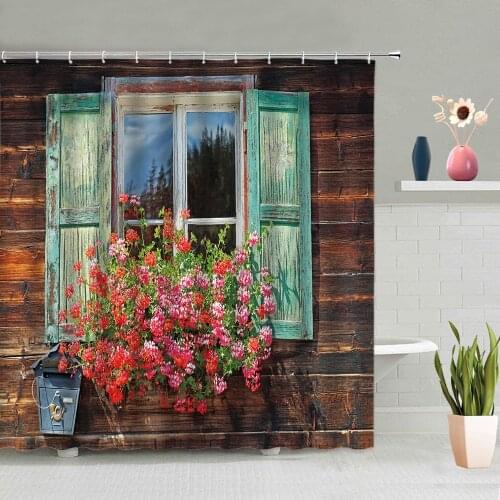 European Style Architectural Landscape Shower Curtain Retro Window Flowers Bathroom Decoration Shower Curtains With Hooks Set