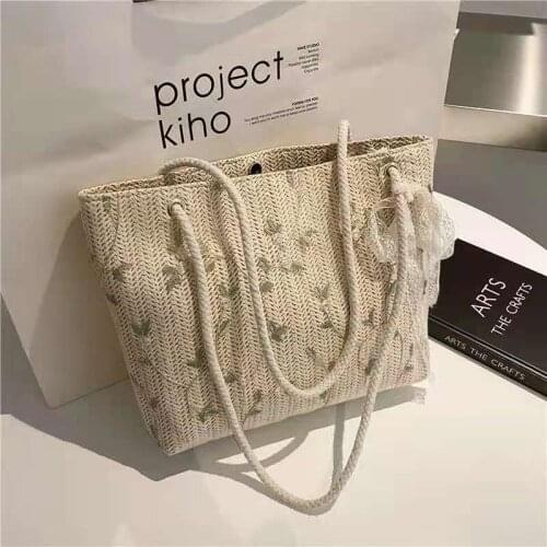 Hemp Tote Shoulder Bags For Women Grass Floral Decoration Bow Ribbon 2021 Picnic New Designer Big Capacity All-Match Handbags