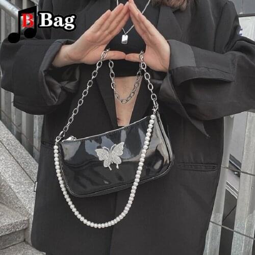 Y2K Retro women Baguette Bag Girl Pearl chain single shoulder bag Handbag female Punk messenger bag PU Bag