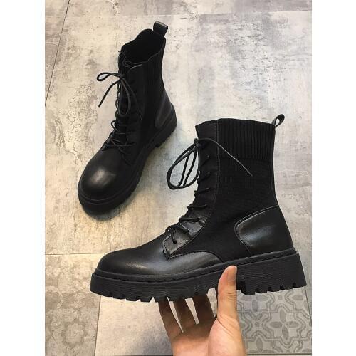 Womens shoes short boots winter 2019 new black plus velvet lace elastic stockings stitching boots